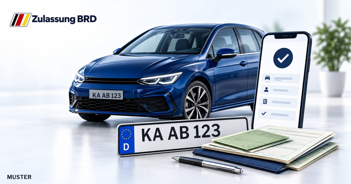 Online Fahrzeugzulassung in Waghäusel: Musterkennzeichen KA AB 123, Auto und Fahrzeugpapiere und Smartphone. Illustration mit Logo von Zulassung BRD.